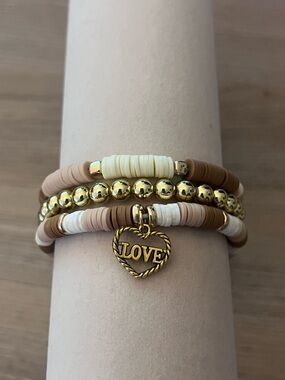 3 Piece Neutral Heishi Bead Bracelet Set Gold Bead LOVE Charm Stretch Clasp
